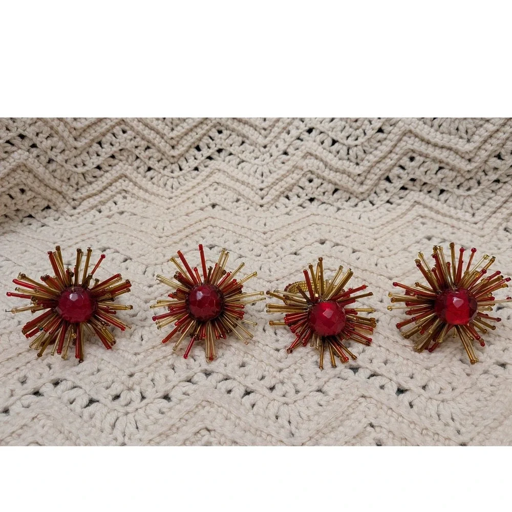 Vintage Beaded Starburst Napkin Rings Set of 4 Red Amber Gold Sunburst MCM Style